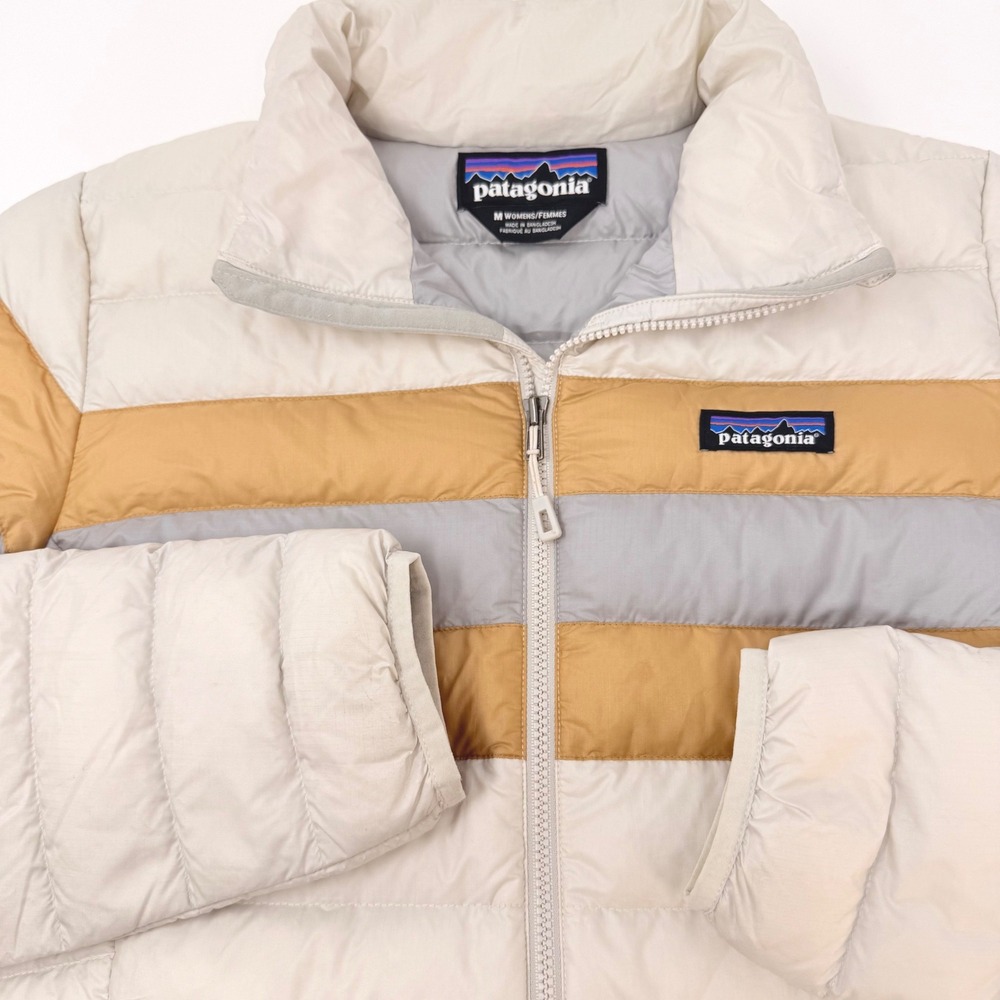 Patagonia Womens Down Puffer Jacket Full Zip Colorblock Cream Gold Gray Medium